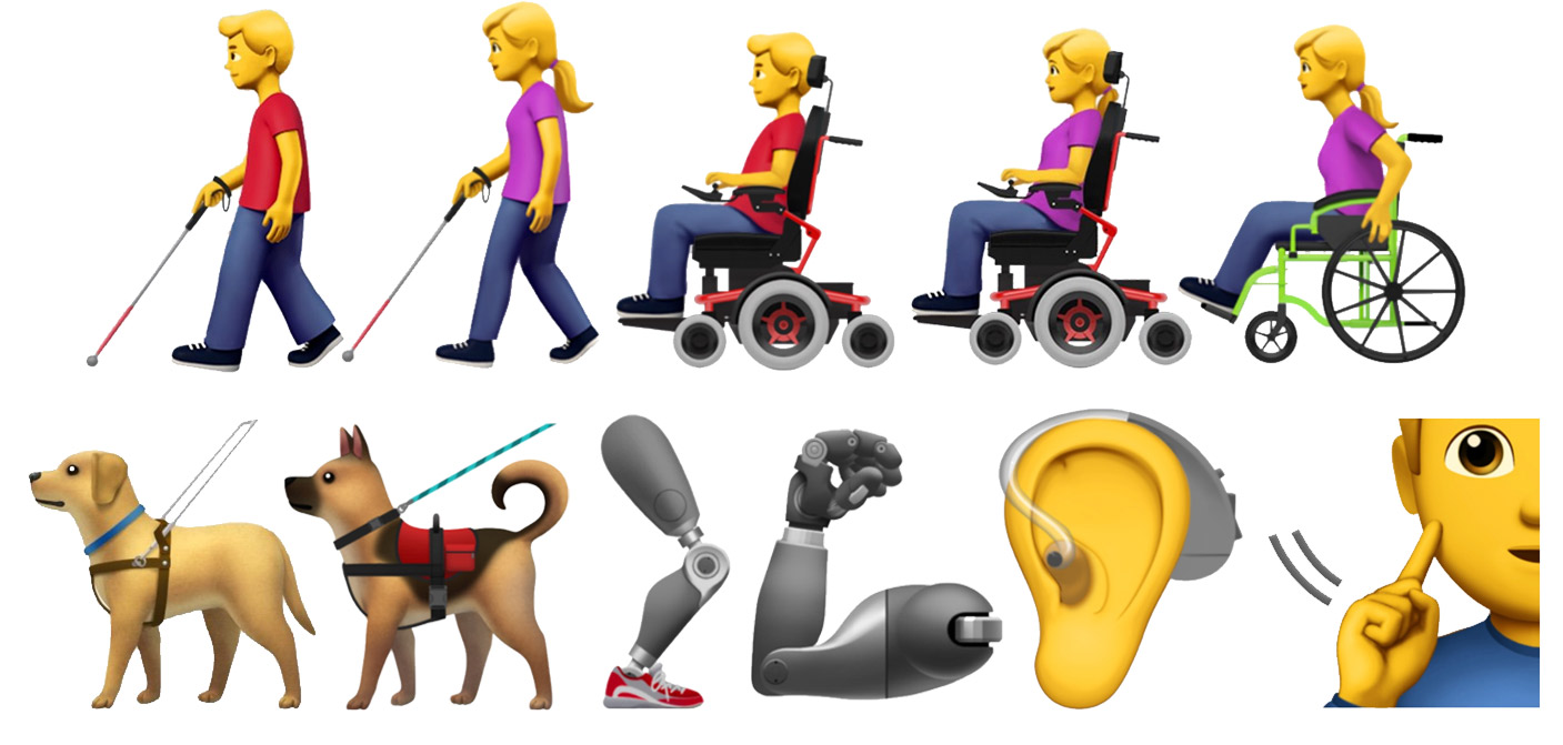 Example of newly approved emojis (people in wheelchairs, prosthetic limbs, etc.)